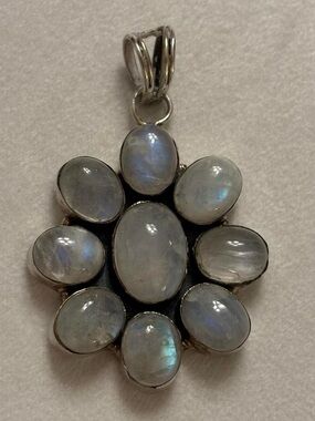 Vintage 925 Sterling Silver Large Statement Floral Moonstone Necklace Pendant